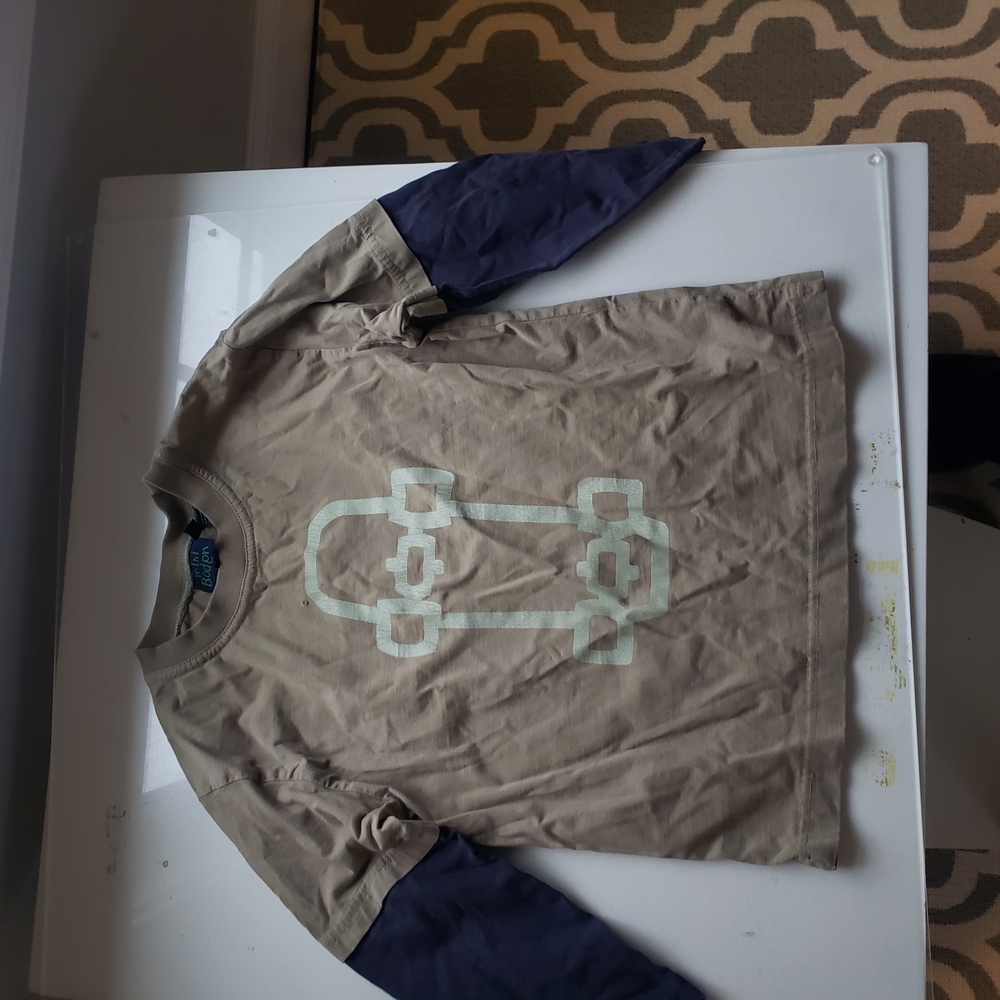 Tan Long Sleeve Shirt with Blue Sleeves